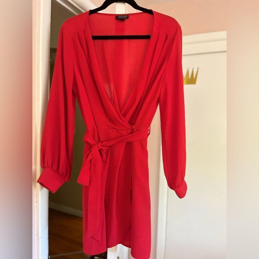 Topshop Red Dress Wrap Long Sleeve Sexy Classy Proper size 8